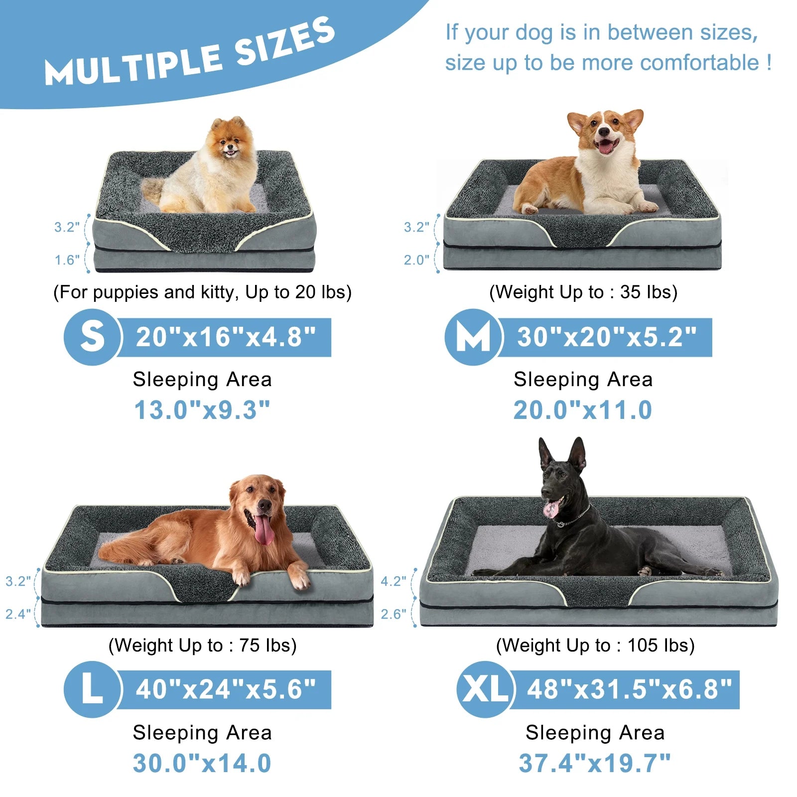 Dog Beds for Large Medium Small Dogs Orthopedic Pet Bed Sofa Supportive Egg Crate Foam Animal Couch with Removable Washable Cover Non Skid Bottom S to XL