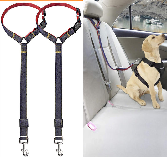Dog Seat Belts for Cars - Unique Denim & Nylon Fabric, Adjustable Dog Safety Belt Car Headrest Restraint, 2-Pack (Red)