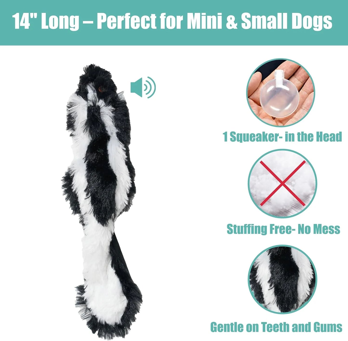 Skinneeez Skunk 14 Inch Stuffing-Free Plush Squeaky Dog Toy – Soft Tug-Of-War Toy for Small and Medium Dogs – Mess-Free Interactive Chew Toy