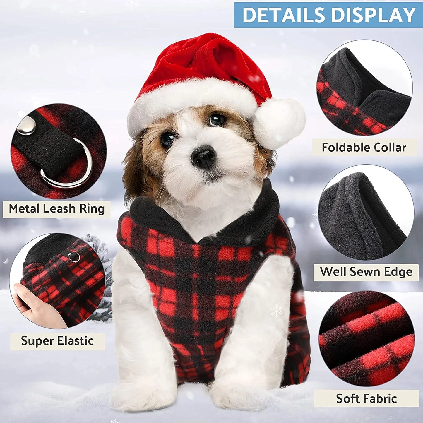 Dog Sweater Soft Fleece Vest with Leash Ring Plaid Warm Winter Pet Clothes Dog Pullover Jacket for Dogs Cats Winter Chihuahua Pet Indoor Outdoor Use