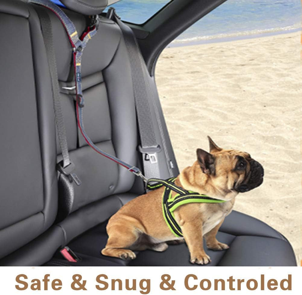 Dog Seat Belts for Cars - Unique Denim & Nylon Fabric, Adjustable Dog Safety Belt Car Headrest Restraint, 2-Pack (Red)